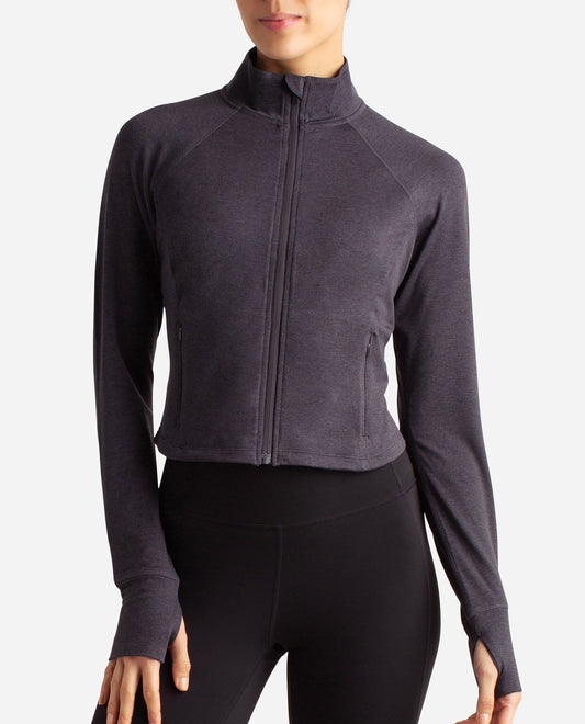 Front View Of Danskin Black Salt Heather Cropped Melange Jacket | DSK BLACK SALT HEATHER