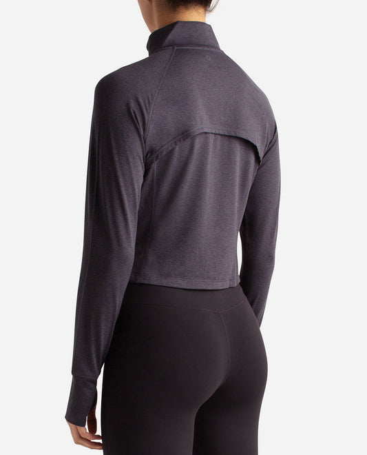 Back View Of Danskin Black Salt Heather Cropped Melange Jacket | DSK BLACK SALT HEATHER