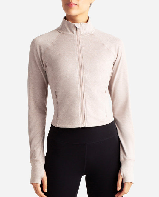 Front View of Danskin Atmosphere Heather Cropped Melange Jacket | DSK ATMOSPHERE HEATHER