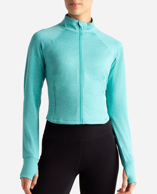 Front View Of Danskin Baltic Heather Cropped Melange Jacket | DSK BALTIC HEATHER