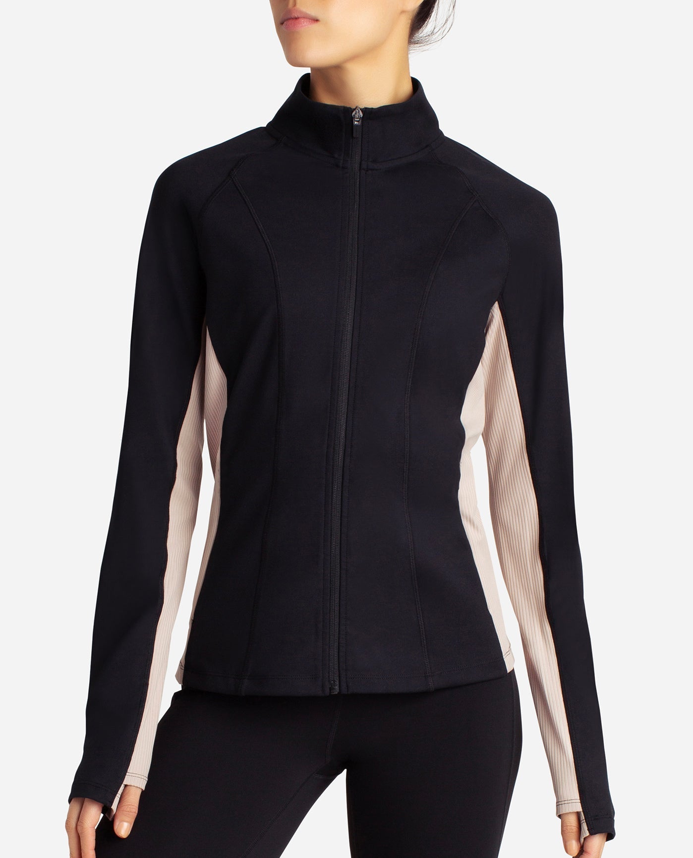 Front View of Danskin Black Salt And Atmosphere Full-Zip Colorblocked Yoga Jacket | DSK BLACK SALT AND ATMOSPHERE