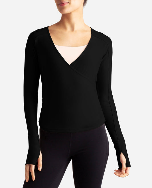 Front View Of Danskin Black Salt Barre Wrap Long Sleeve Top | DSK BLACK SALT