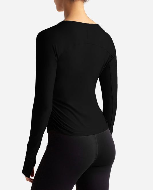 Back View Of Danskin Black Salt Barre Wrap Long Sleeve Top | DSK BLACK SALT