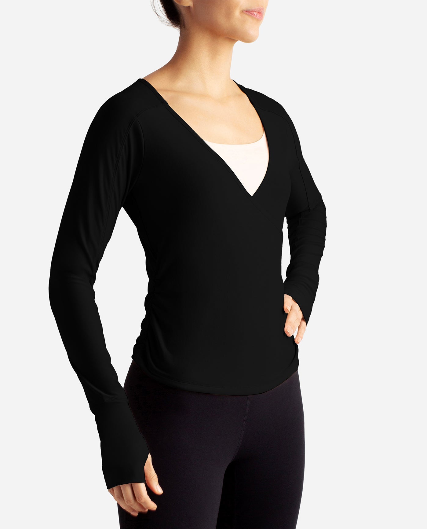 Side View Of Danskin Black Salt Barre Wrap Long Sleeve Top | DSK BLACK SALT