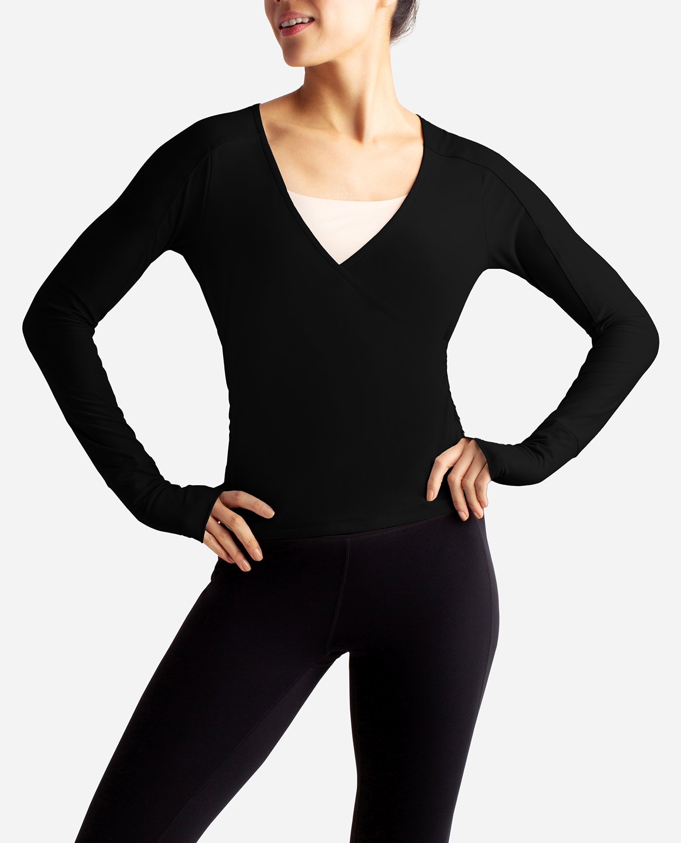 Detail View Of Danskin Black Salt Barre Wrap Long Sleeve Top | DSK BLACK SALT