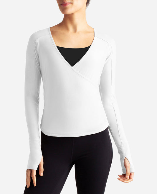 Front View Of Danskin Bright White Barre Wrap Long Sleeve Top | DSK BRIGHT WHITE