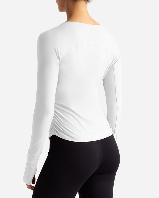 Back View Of Danskin Bright White Barre Wrap Long Sleeve Top | DSK BRIGHT WHITE