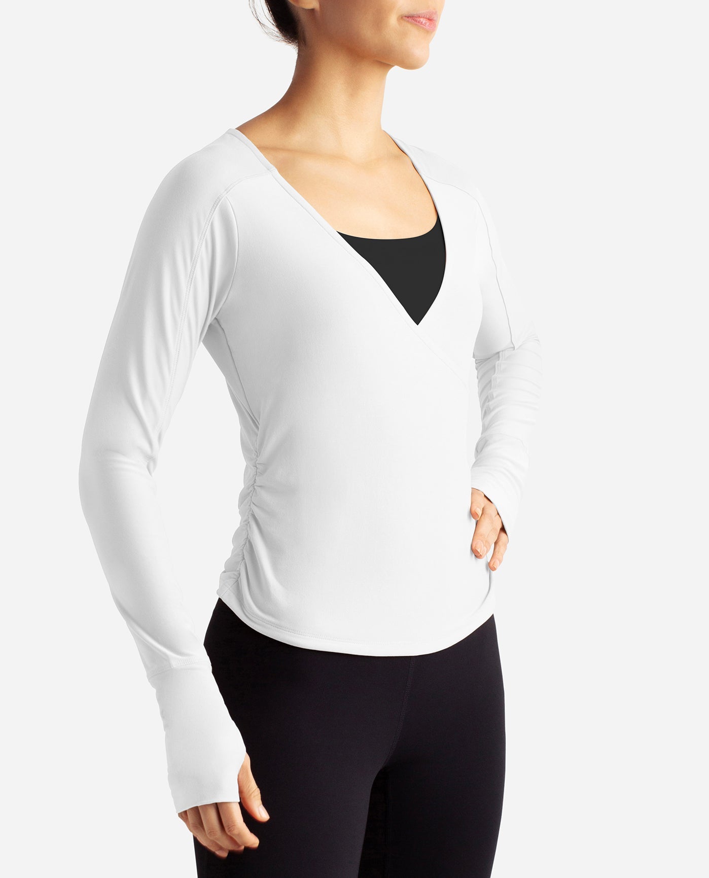 Side View Of Danskin Bright White Barre Wrap Long Sleeve Top | DSK BRIGHT WHITE