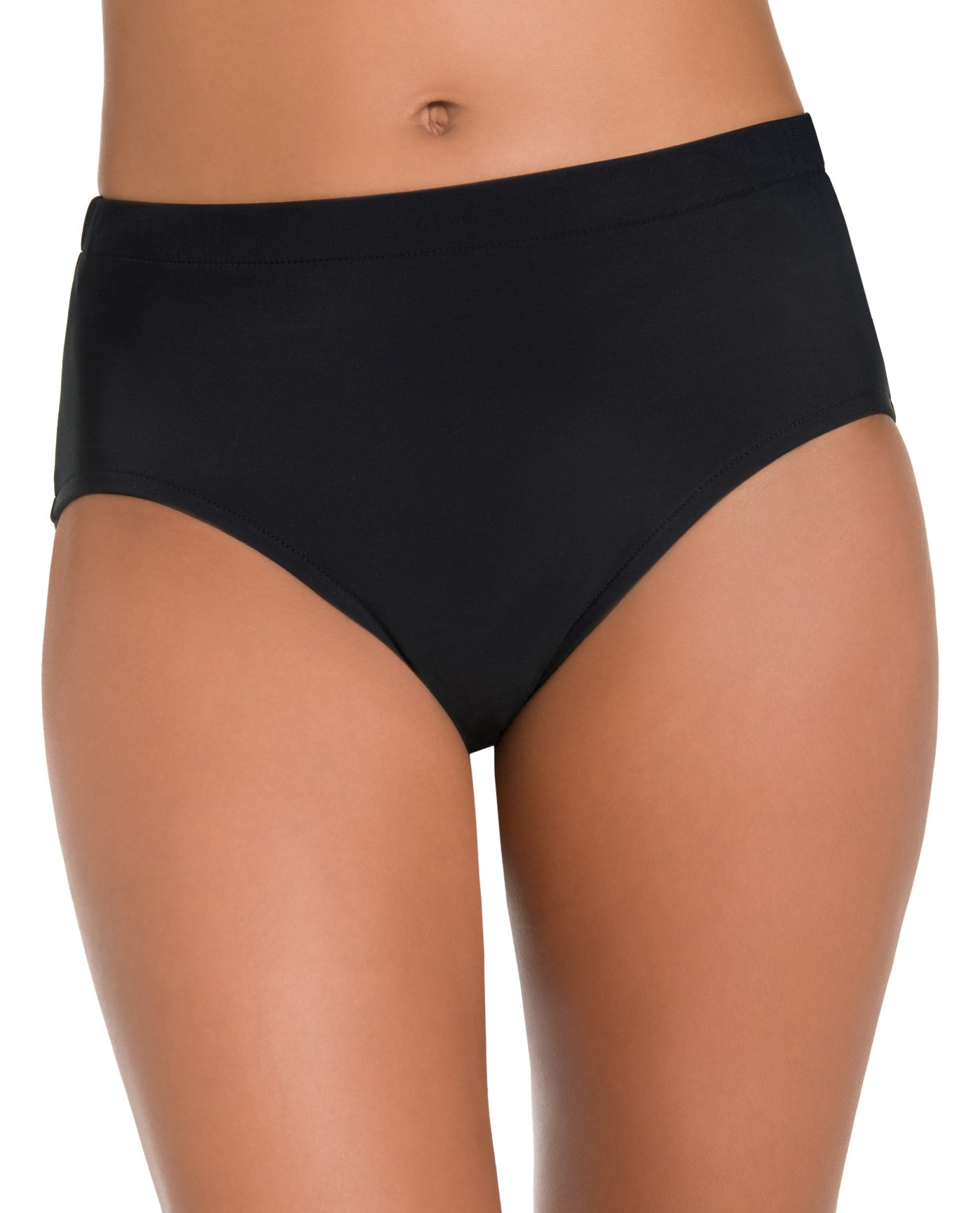 Front View of Shape Solutions Black Shirred Tankini Bottom | SOL BLACK