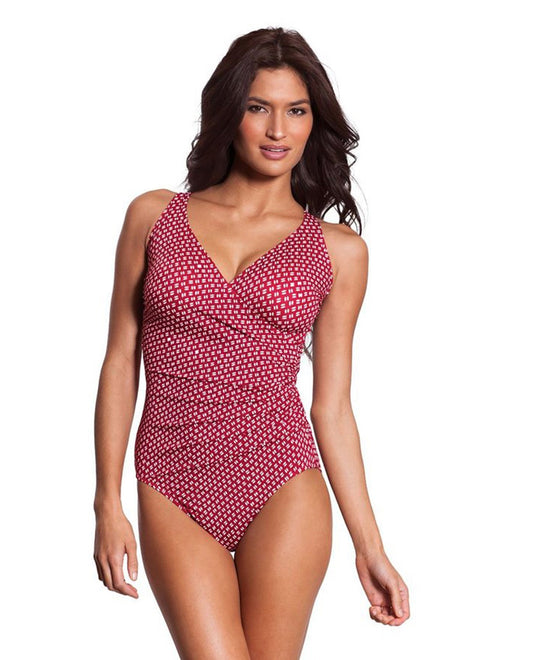 Front View of Miraclesuit Red Coffee Bean Wrap One Piece Swimsuit | MIR RED COFFEE BEAN