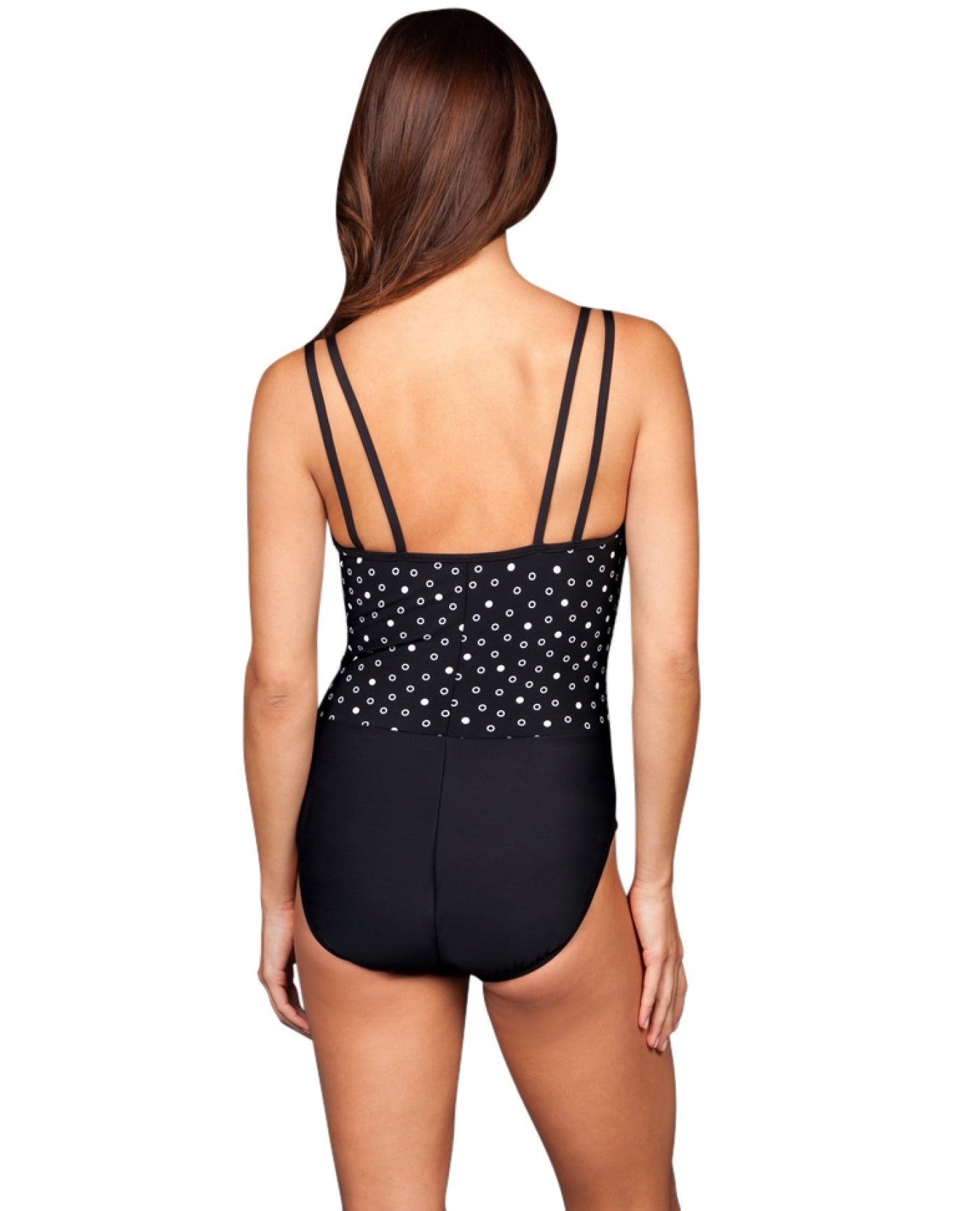 Back View of Miraclesuit Get Spotted Bethany One Piece Swimsuit | MIR Black and White