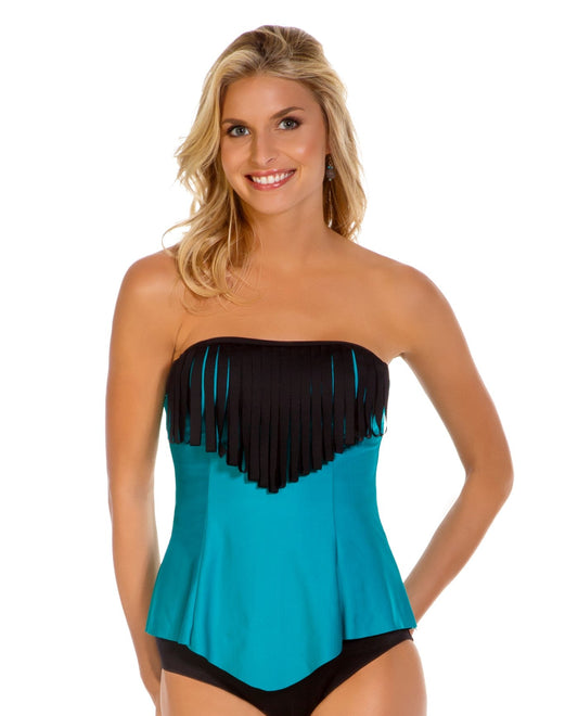Front View of Eco Swim Teal Eco Loop Fringe Tankini Top | ECO TEAL