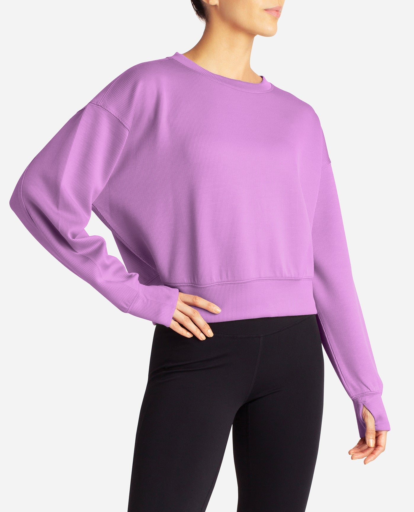 Side View Of Danskin Orchid Scuba Rib Luxury Sweat | DSK ORCHID