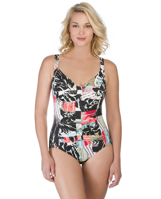 Front View of Shape Solutions Pattern Sense Shirred One Piece Swimsuit | SOL PATTERN SENSE