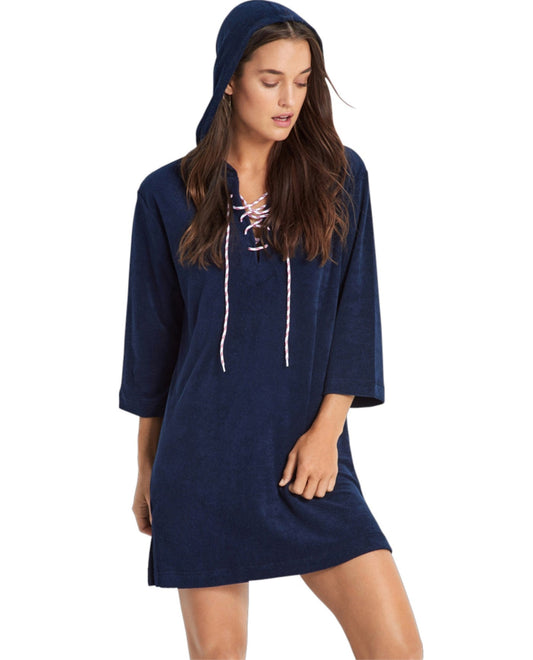 Front View of Seafolly Navy Lace Up Terry Hoodie | SEA NAVY