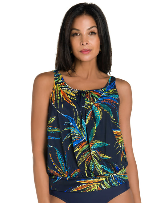 Front View of Shape Solutions Tropical Fiesta Blouson Tankini Top | SOL TROPICAL FIESTA