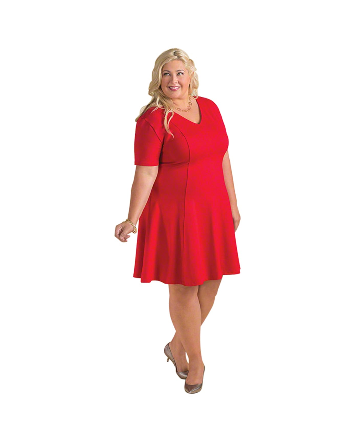 Front of Short Sleeve V-Neck Ponte Fit And Flare Plus Size Dress | RED OTPS Bright Red