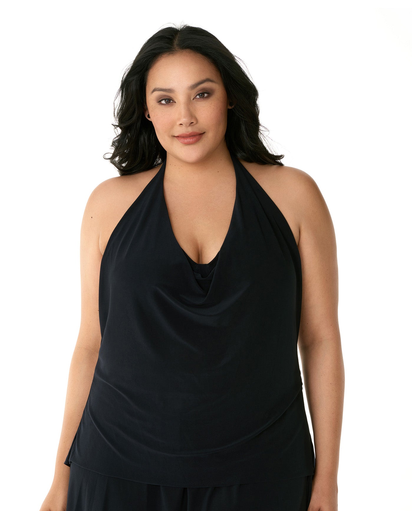 Front View Of Magicsuit Black Plus Size Sophie Halter Cowl Neck Underwire Tankini Top | MAG Black