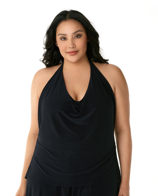 Front View Of Magicsuit Black Plus Size Sophie Halter Cowl Neck Underwire Tankini Top | MAG Black