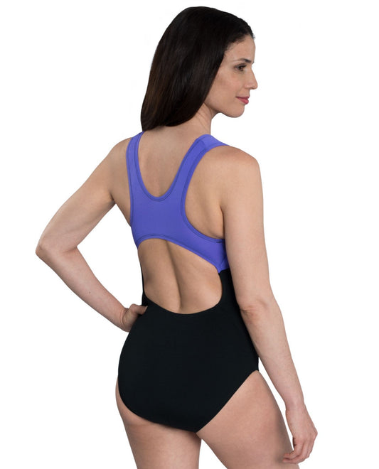 Back View of Dolfin Black And Purple Color Block Chlorine Resistant Moderate Lap One Piece Swimsuit | DOL BLACK AND PURPLE