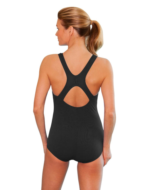 Back View of Dolfin Black Chlorine Proof Power Back One Piece Swimsuit | DOL BLACK