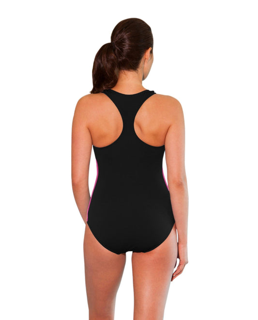 Back View of Dolfin Black And Pink Color Block Chlorine Resistant Zip Front One Piece Swimsuit | DOL BLACK AND PINK