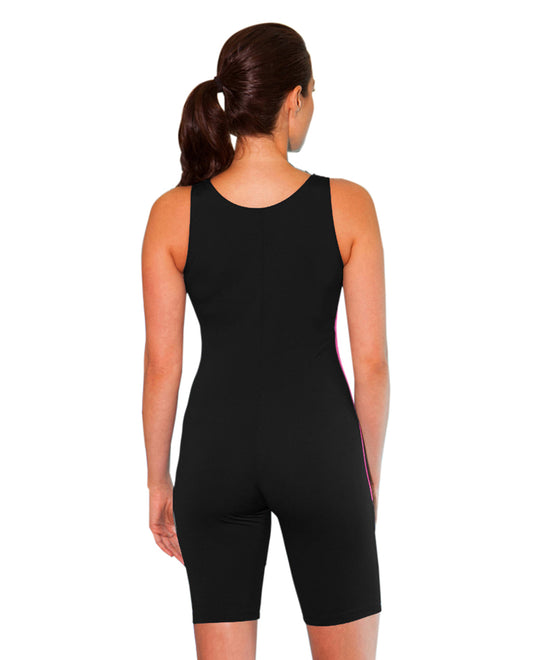 Back View of Dolfin Black And Pink Color Block Chlorine Resistant Zip Front Aquatard | DOL BLACK AND PINK