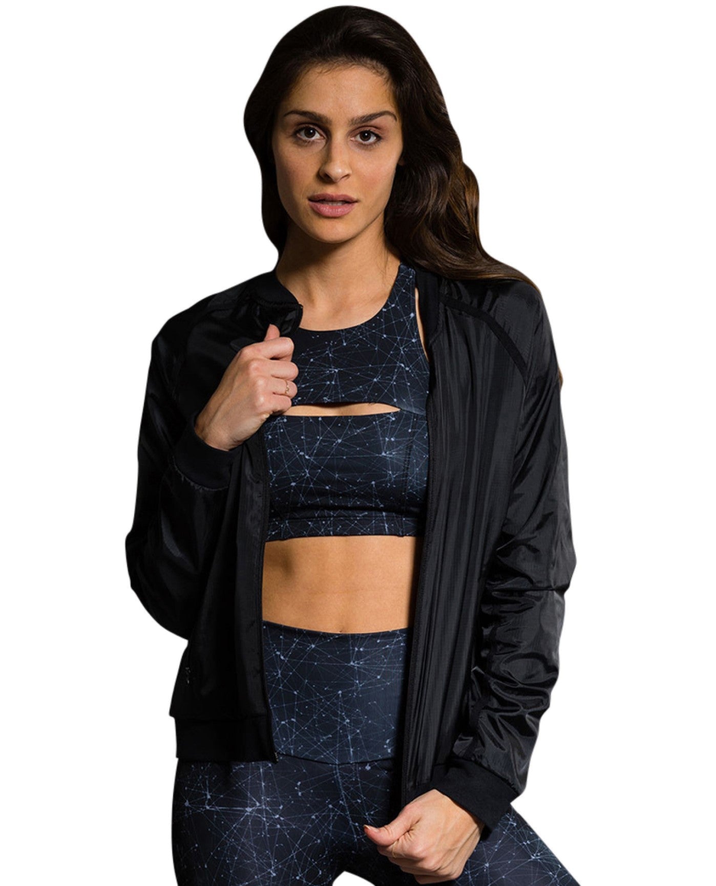 Front View of Onzie Black Bomber Jacket | ONZ BLACK