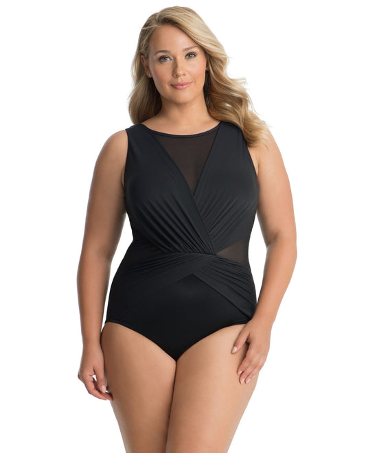Front View of Miraclesuit Plus Size High Neck Palma One Piece Swimsuit | MIR BLACK
