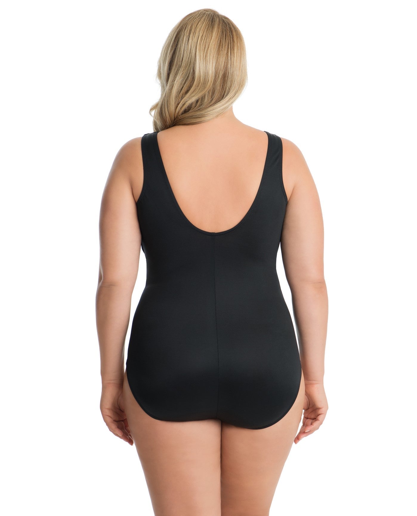 Back View of Miraclesuit Plus Size High Neck Palma One Piece Swimsuit | MIR BLACK