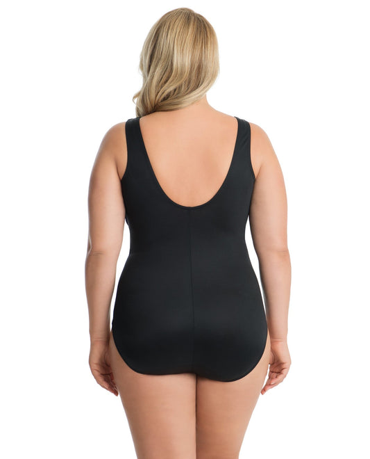 Back View of Miraclesuit Plus Size High Neck Palma One Piece Swimsuit | MIR BLACK