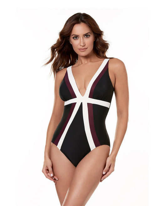 Front View of Miraclesuit Spectra Color Block Trilogy V-Neck One Piece Swimsuit | MIR BLACK