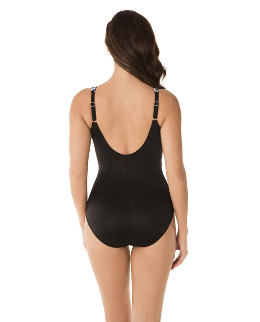 Back View of Miraclesuit Madagascar Color Block Oceanus Surplice One Piece Swimsuit | MIR MADAGASCAR