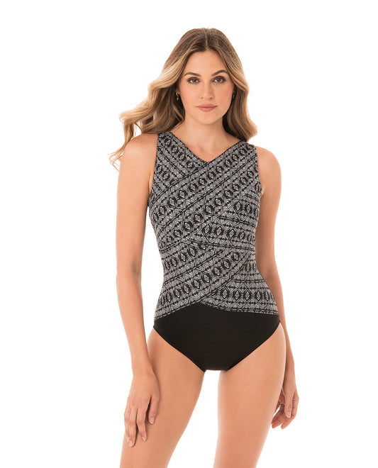 Front View of Miraclesuit Incan Silver Brio Layered High Neck Underwire One Piece Swimsuit | MIR INCAN SILVER