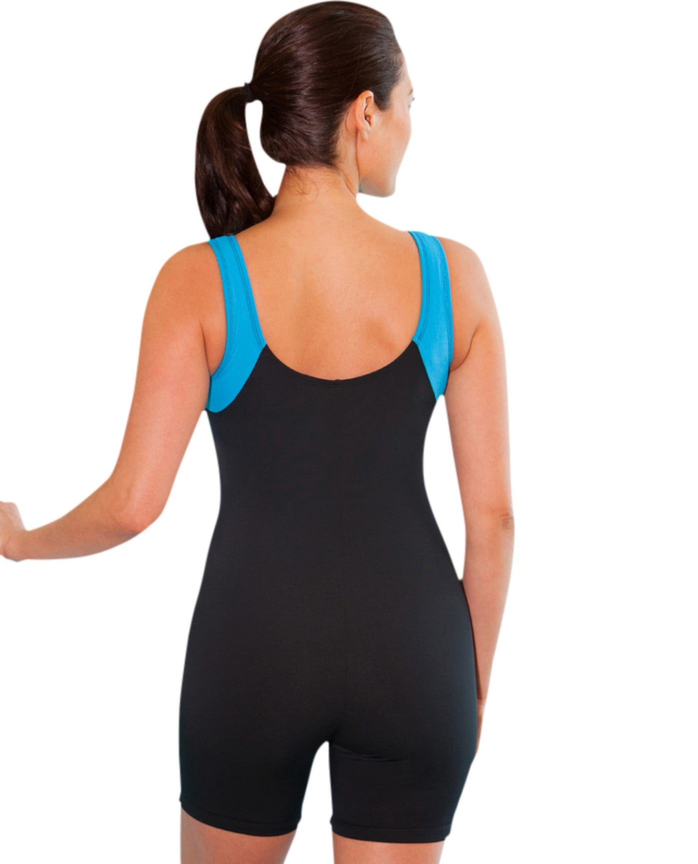 Back View of Dolfin Plus Size Black And Turquoise Chlorine Proof Color Block Polyester Aquatard | DOL Black and Turquoise