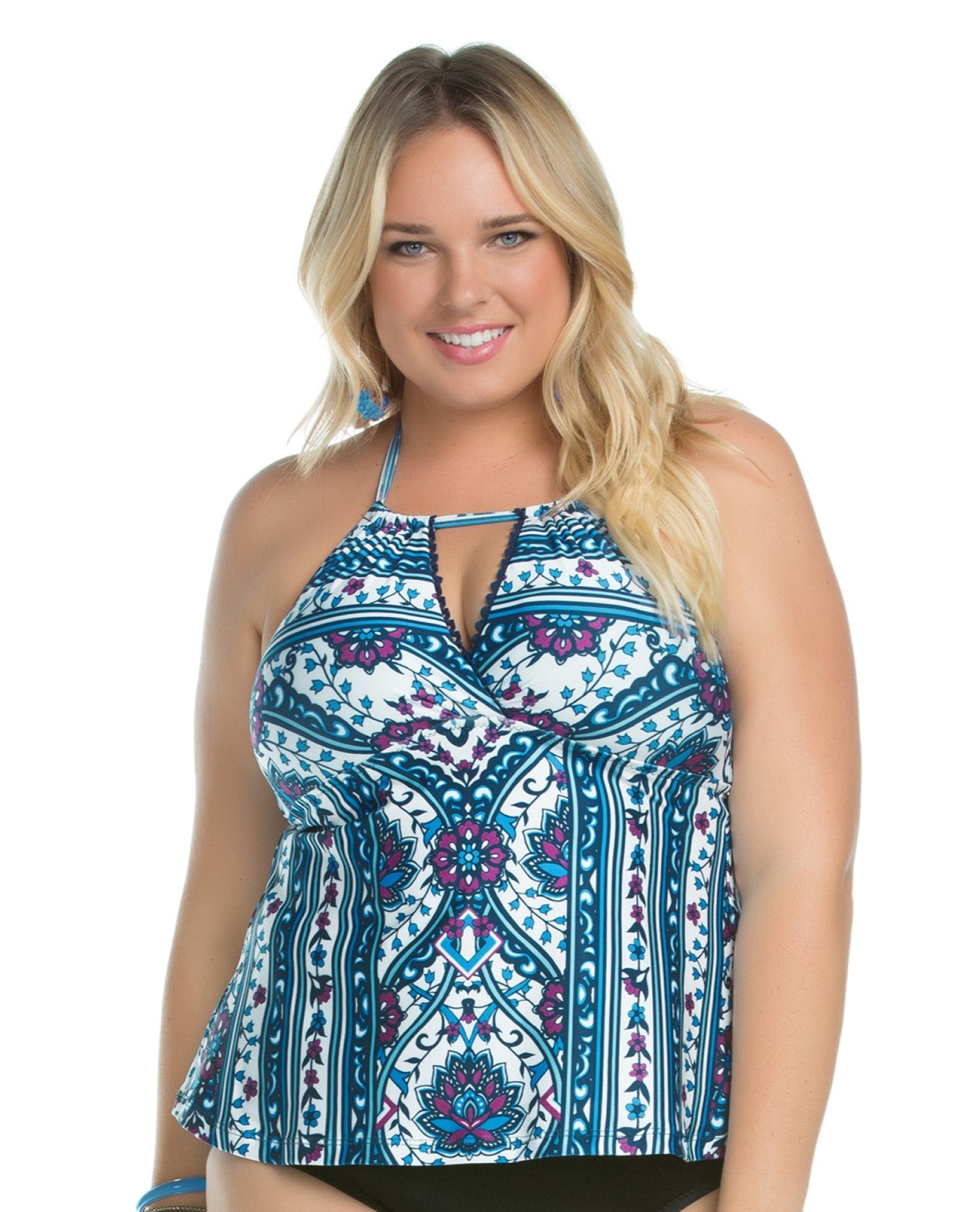 Alternate Front View View of Becca Etc By Rebecca Virtue Blue Plus Size Inspired Halter Tankini Top | BEC BLUE