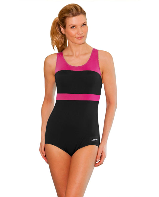 Front View of Dolfin Plus Size Black And Pink Color Block Chlorine Proof Power Back One Piece Swimsuit | DOL BLACK AND PINK