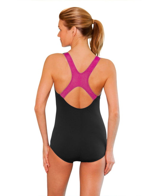 Back View of Dolfin Plus Size Black And Pink Color Block Chlorine Proof Power Back One Piece Swimsuit | DOL BLACK AND PINK