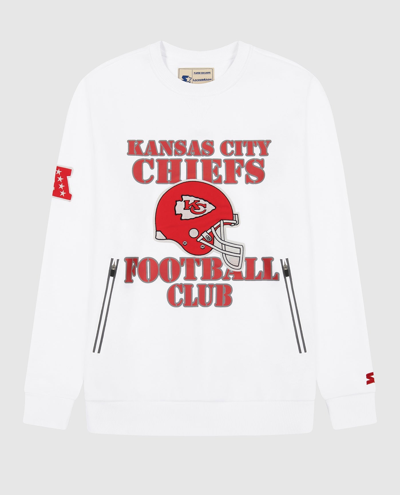 Front View of Starter White Kansas City Chiefs Crew Neck Sweatshirt With Zip Pockets | STR KANSAS CITY CHIEFS WHITE