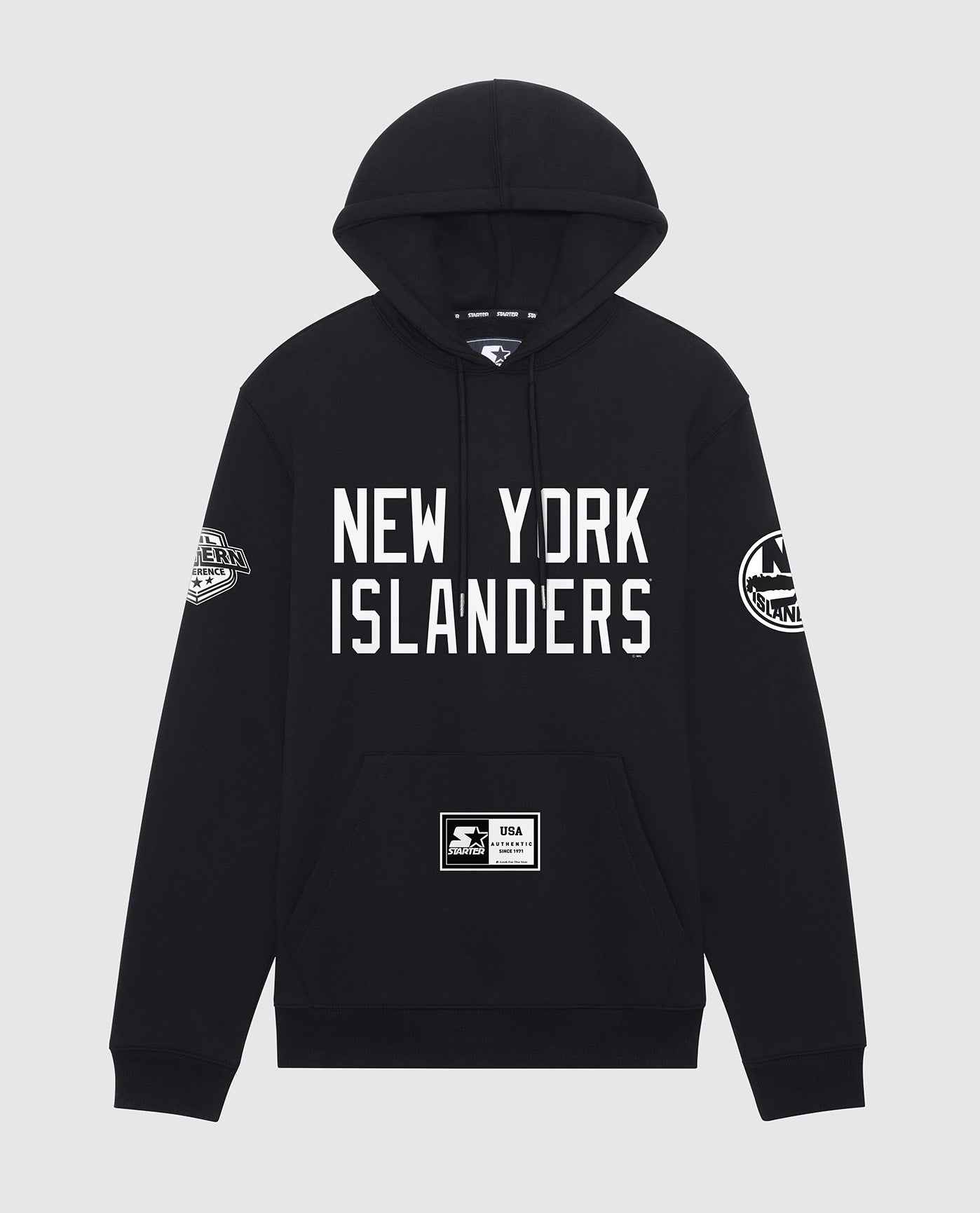 Front View of Starter Black New York Islanders Hat Trick Starter Hoodie | STR NEW YORK ISLANDERS BLACK