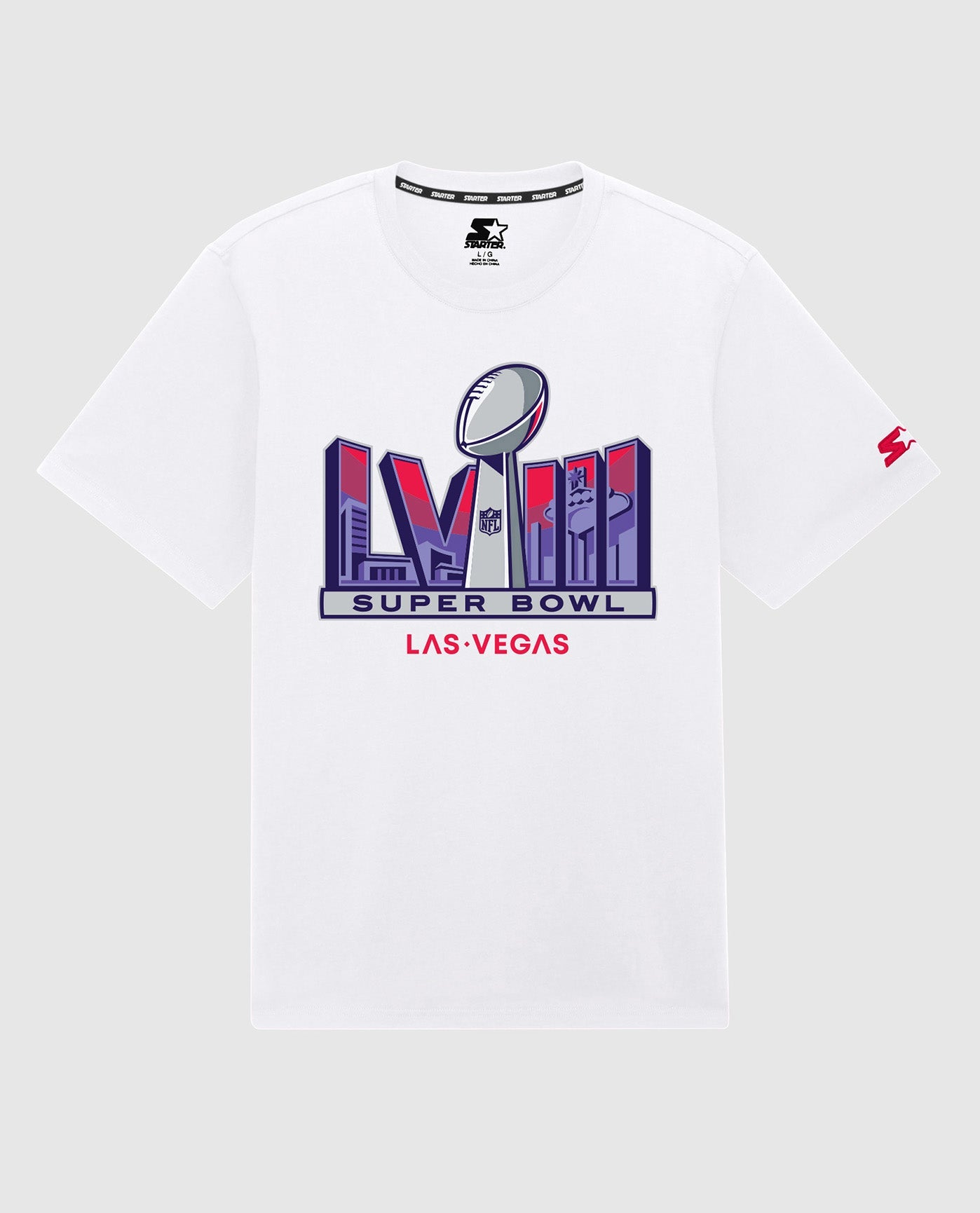 Front View of Starter White Super Bowl Lviii Shine Down Short Sleeve Starter Shirt | STR WHITE