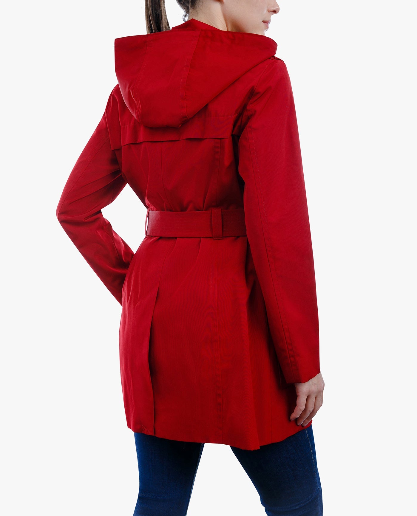 Back View of London Fog Zip Front Hooded Trench With Belt | LF CHILI