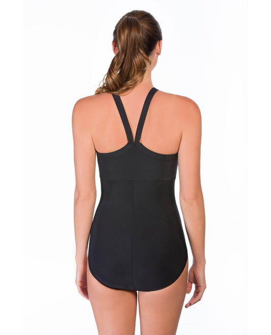 Back View of Reebok Hits The Spot White High Neck Racerback One Piece Swimsuit | REE BLACK AND WHITE