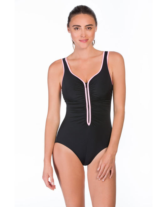 Front View of Reebok Pink Zip Tide Outline Shirred Zipper Front Scoop Neck One Piece Swimsuit | REB PINK