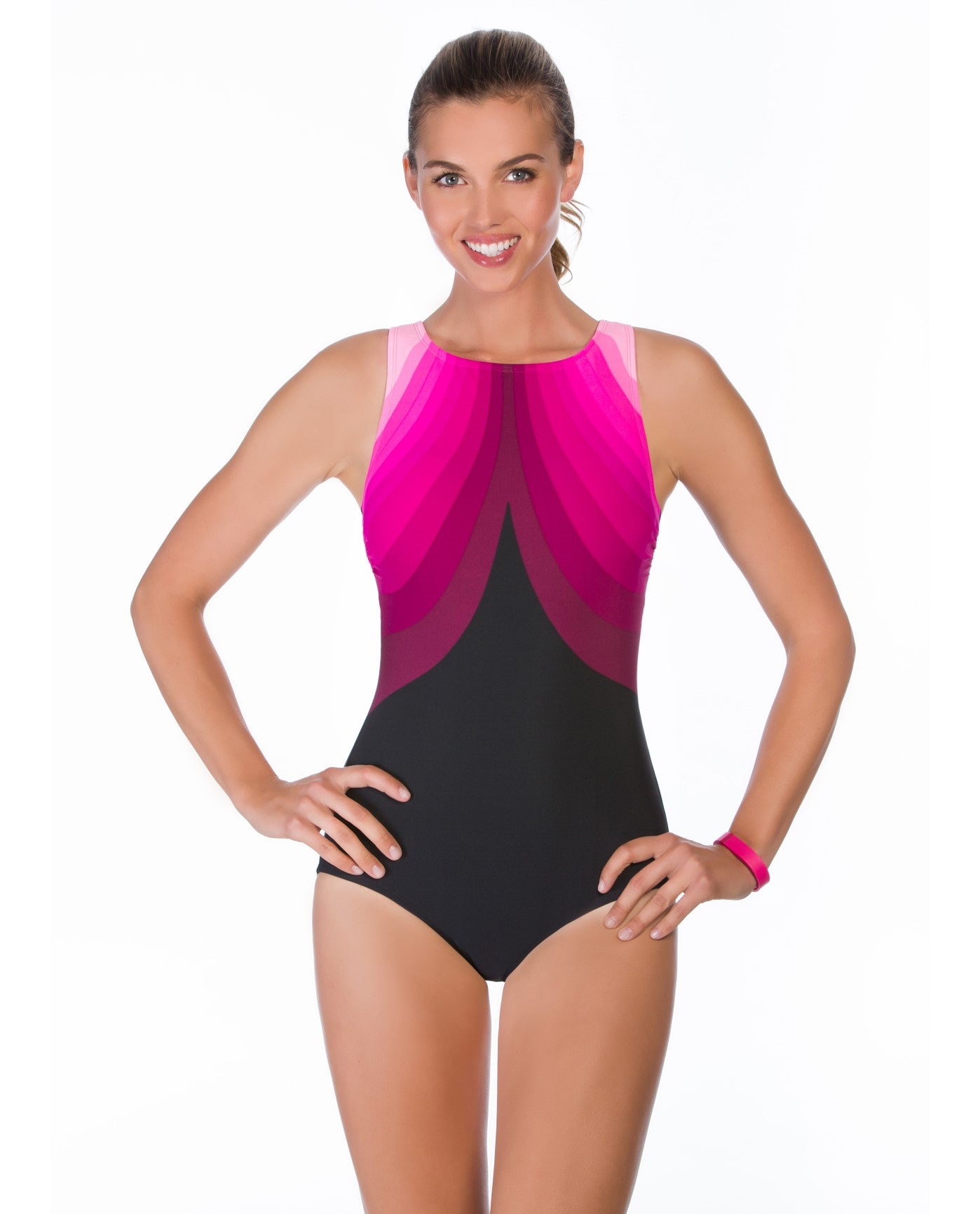 Front View of Reebok Aqua Angel Pink High Neck One Piece Swimsuit | REE PINK