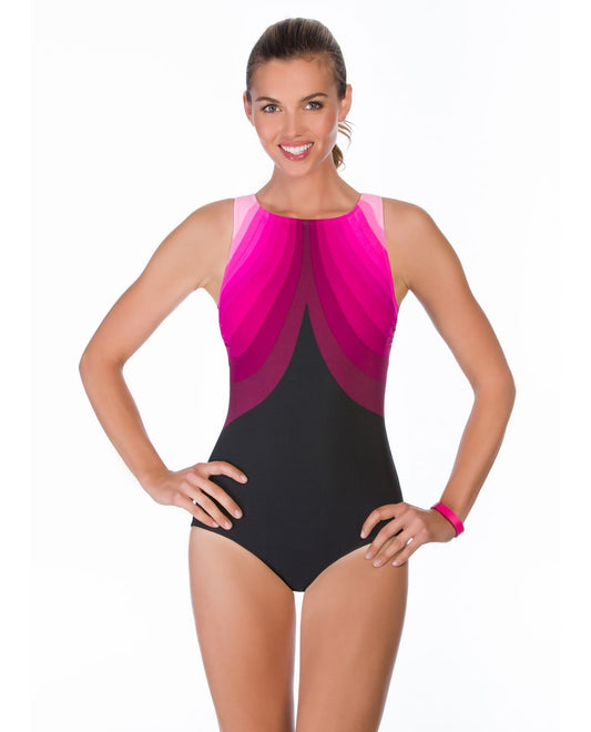 Front View of Reebok Aqua Angel Pink High Neck One Piece Swimsuit | REE PINK