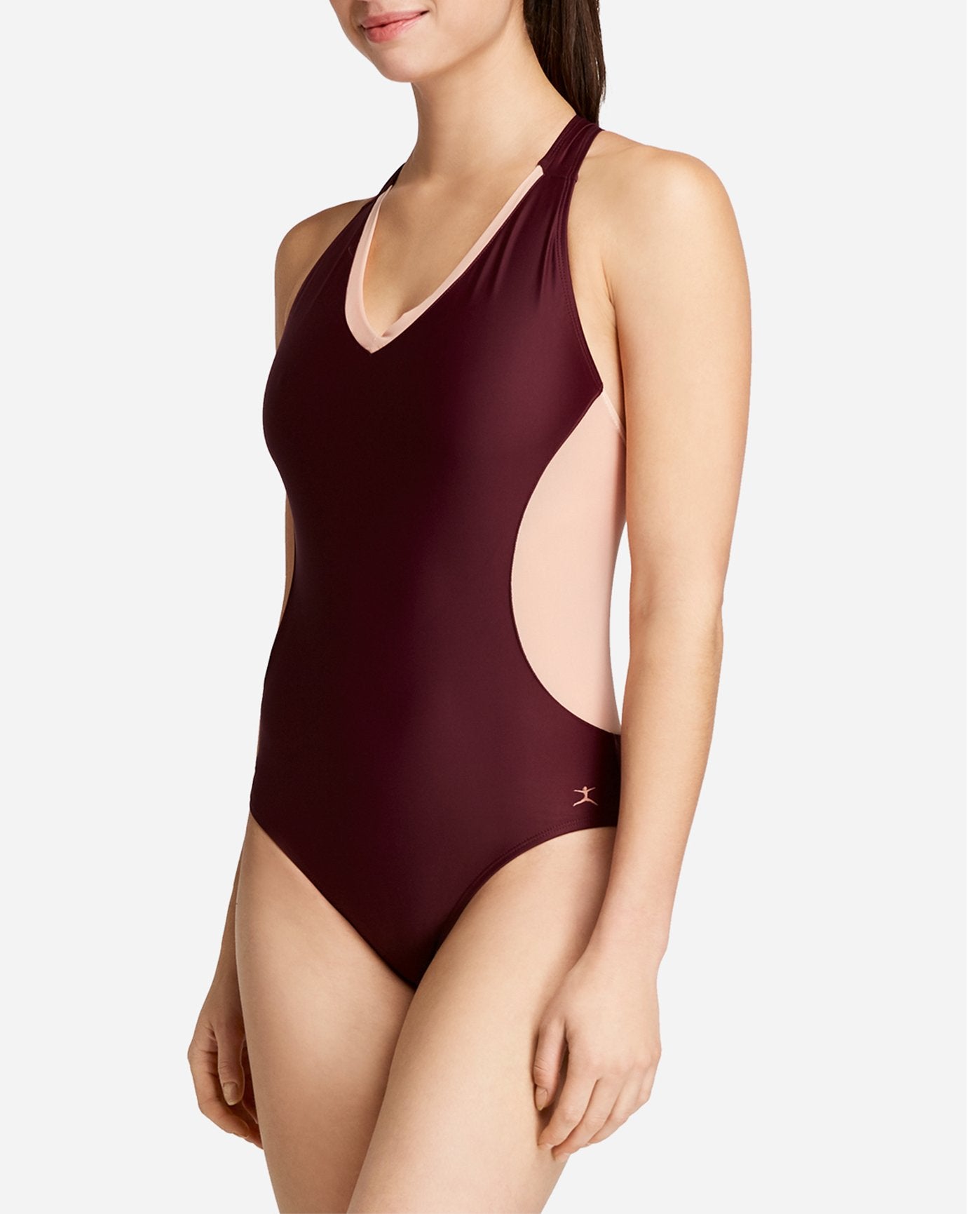 Side View Of Danskin Fig V-Neck Racerback Mesh Leotard | DSK FIG