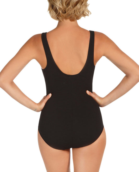 Back View of Active Spirit Black And White Chlorine Resistant Sport Support Scoop Neck One Piece Swimsuit | ASP BLACK AND WHITE