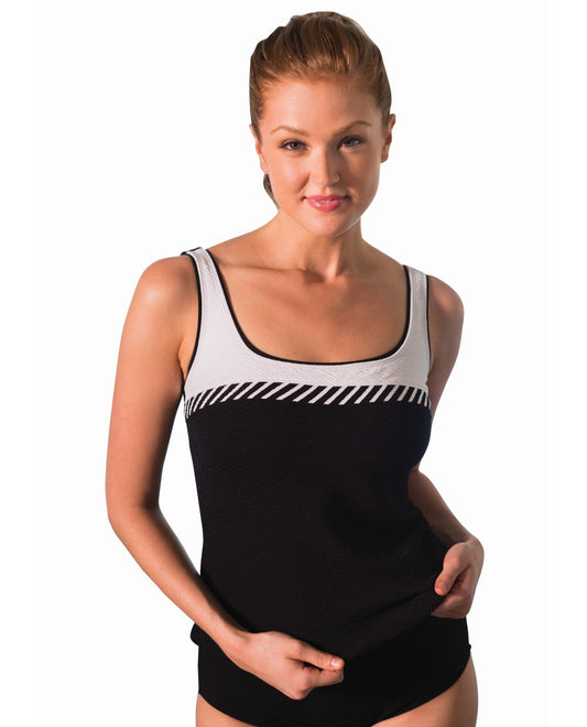 Front View of Active Spirit Black And White Chlorine Resistant Sport Support Tankini Top | ASP BLACK AND WHITE