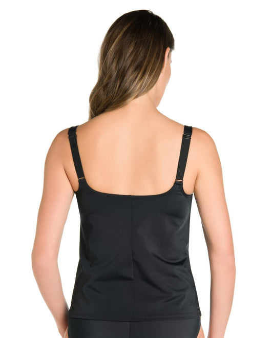 Back View of Active Spirit Stripe Of Genuis Chlorine Resistant V-Neck Tankini Top | ASP BLACK AND WHITE